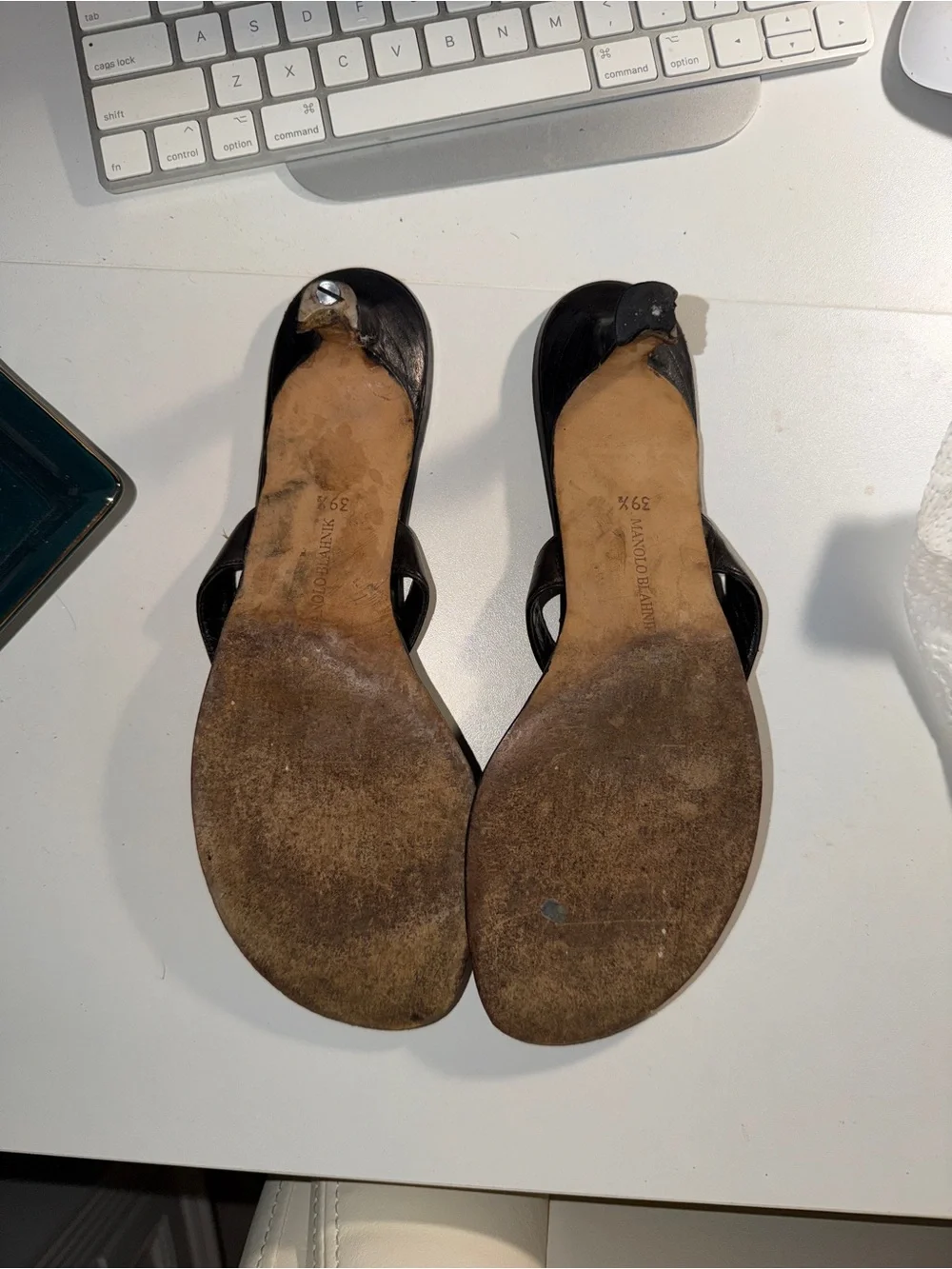 Manolo Blahnik Black Leather Thong Sandals with Toe Loop